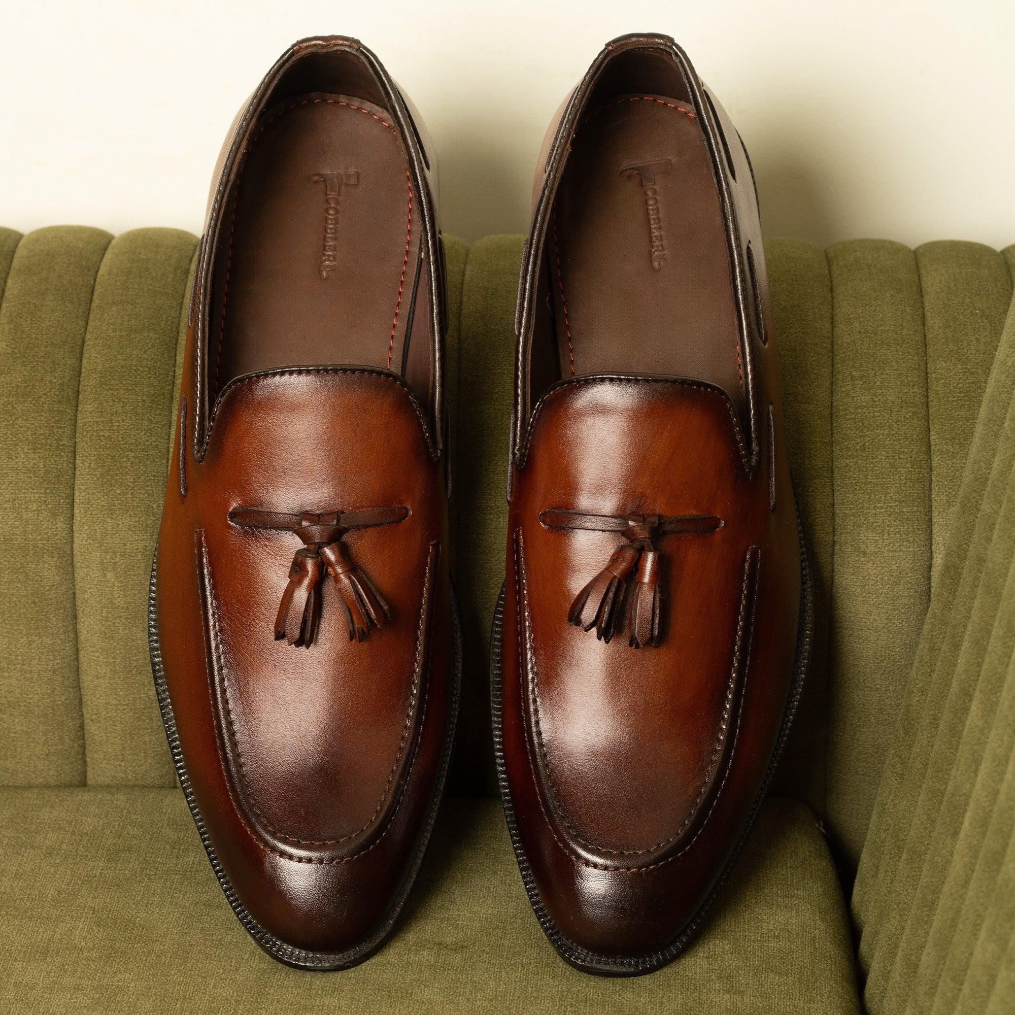Cobbler India Hand-Painted Brown Tassel Loafers for Men – Premium Dress Shoes