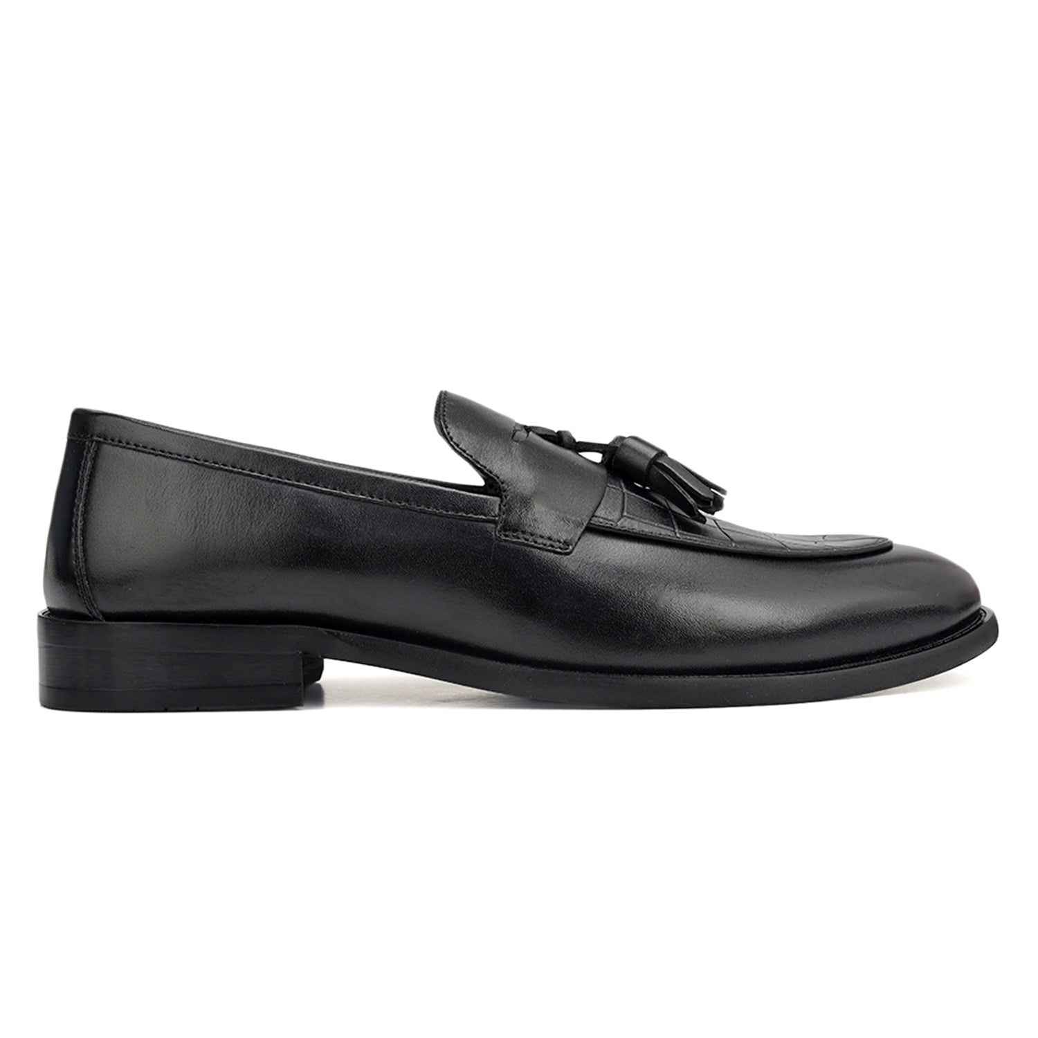 Cobbler India Black Croco Textured Loafers With Tassels
