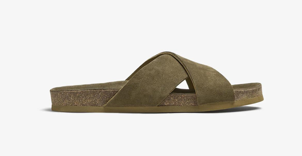 Green suede cross-over slip-on sandal side profile