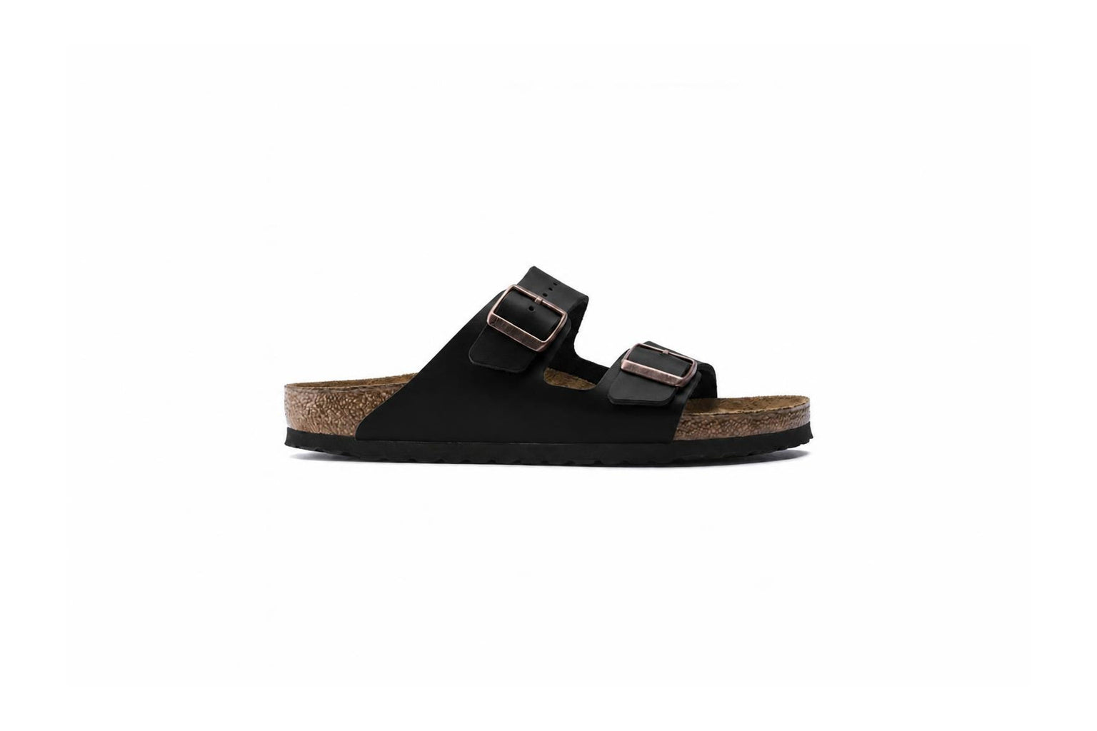 Black two-strap cork footbed slip-on sandal side view