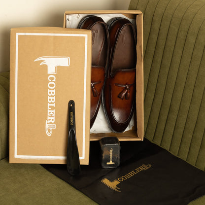 Cobbler India Hand-Painted Brown Tassel Loafers for Men – Premium Dress Shoes