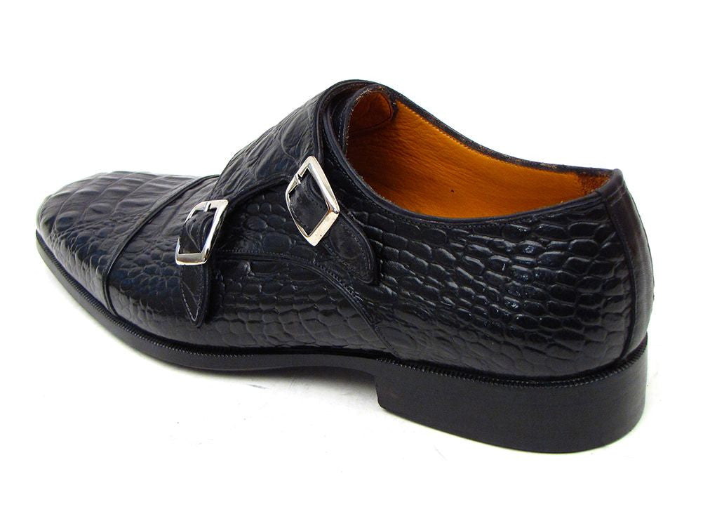 Cobbler India Men's Double Monkstraps Black Crocodile Embossed Calfskin