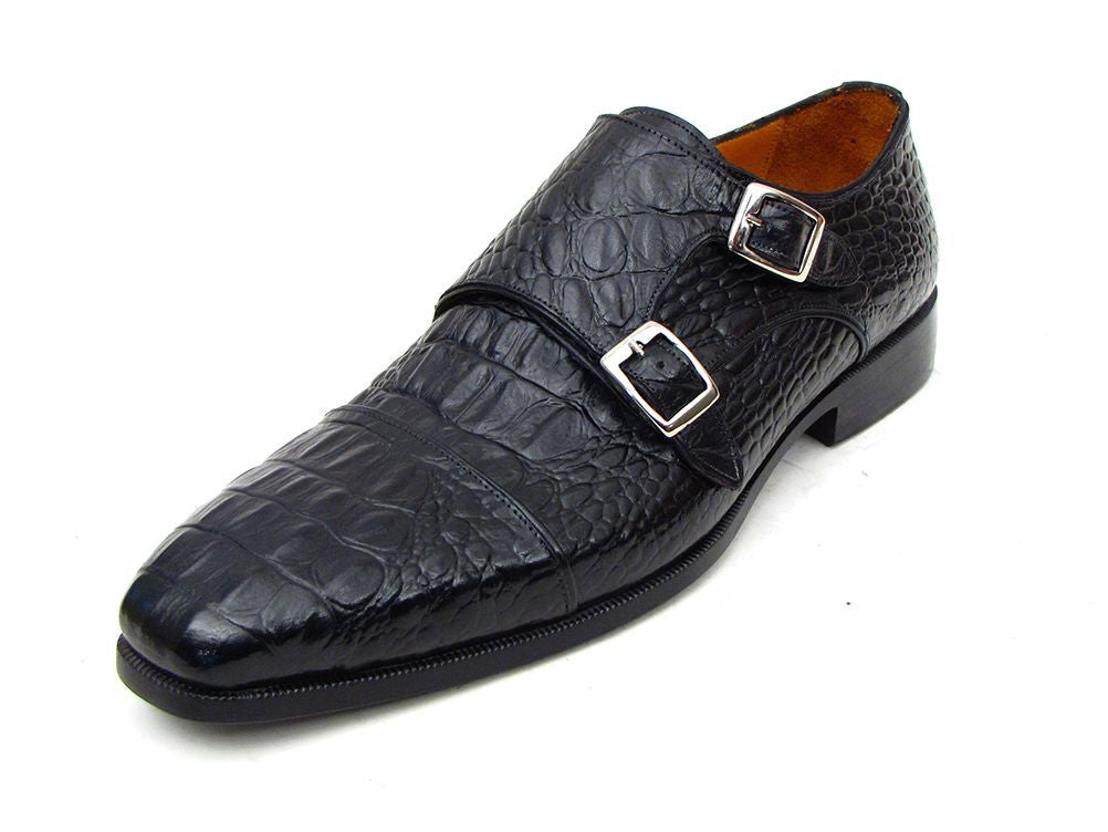 Cobbler India Men's Double Monkstraps Black Crocodile Embossed Calfskin