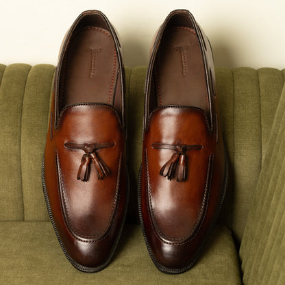 Cobbler India Hand-Painted Brown Tassel Loafers for Men – Premium Dress Shoes