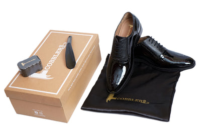 Cobbler India Men’s Black Patent Oxfords – Luxury Brogues for Formal Wear