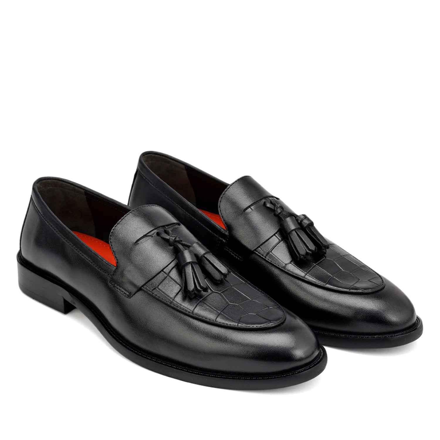 Cobbler India Black Croco Textured Loafers With Tassels