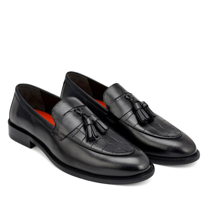 Cobbler India Black Croco Textured Loafers With Tassels