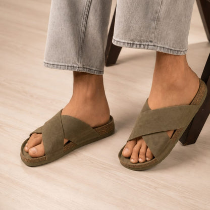 Premium Suede Cork Footbed Slip-On Sandals